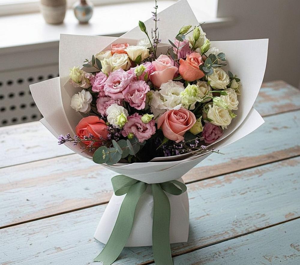 Букет цветов из: Розы, Лизиантусы и Гвоздики в Серноводском