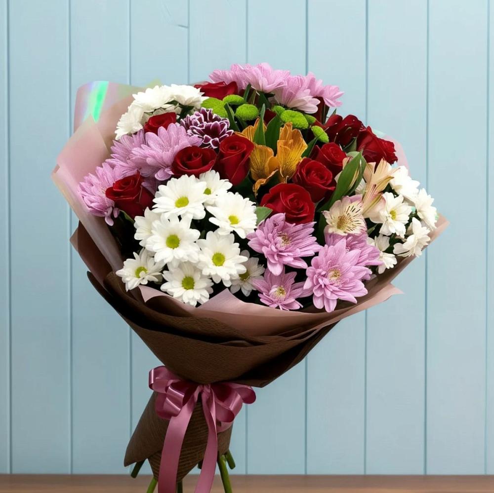 Букет цветов из: Розы, Хризантемы и Альстромерии в Серноводском