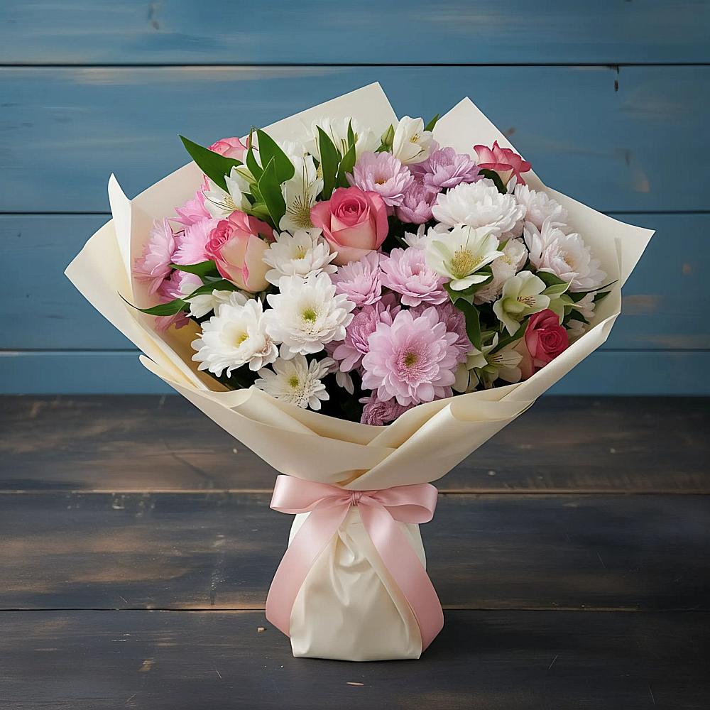 Букет цветов из: Хризантемы, Альстромерии и Розы в Серноводском